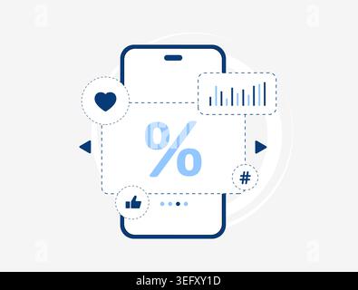 Discount offer with mobile marketing and conversion rate in digital interface. Promote product, increase sales with percentage discount and social media engagement in mobile app vector illustration. Stock Vector