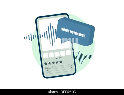 Voice commerce with voice shopping and audio search in mobile interface. Use voice assistant for product search and purchase in ecommerce app with rating and product data vector illustration. Stock Vector