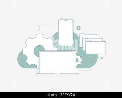 File synchronization with cloud storage and device connection in digital interface. Sync files between devices and manage backup for secure access and data transfer vector illustration. Stock Vector