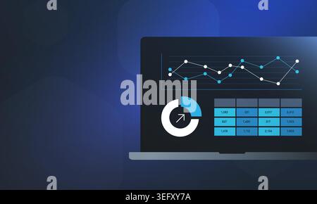 Data analytics dashboard with performance tracking and business metrics in digital interface. Analyze data and monitor trends for reporting, decision making in marketing analytics vector illustration. Stock Vector
