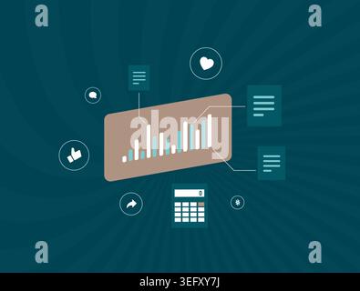 Social media analytics with engagement metrics and performance tracking in digital interface. Analyze data and growth trends for social media marketing insights, audience response vector illustration. Stock Vector