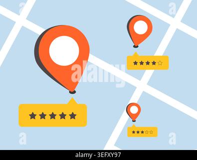 Location rating with map reviews and customer feedback in digital map interface. Analyze feedback and track star score for local business reputation management and customer choice vector illustration Stock Vector