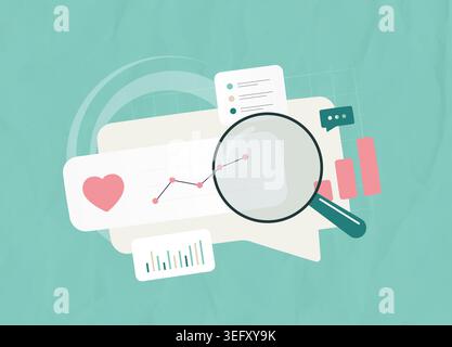 Social media monitoring with sentiment analysis and performance tracking in digital interface. Analyze data and feedback for brand insights and KPI tracking in marketing vector illustration. Stock Vector
