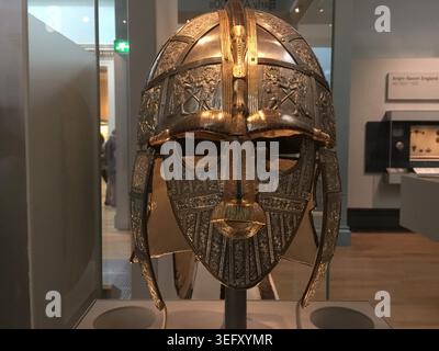 The reconstructed Sutton Hoo helmet, a 7th-century Anglo-Saxon artifact discovered in 1939 within a royal ship burial in Suffolk. The British Museum. Stock Photo