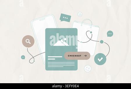 Online checkout with payment and ecommerce purchase in digital interface. Complete order and secure transaction for online shopping with checkout page flat design vector illustration with icons. Stock Vector