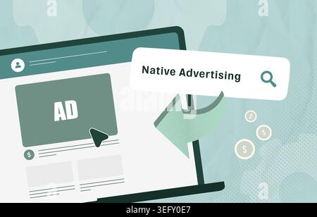 Native advertising with sponsored content and digital ads in online interface. Promote branded content and increase traffic with native ads and programmatic content marketing vector illustration. Stock Vector