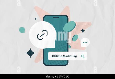 Affiliate marketing with referral link and partner program in mobile app. Earn commission from online sales through link sharing and passive income in digital marketing vector illustration. Stock Vector