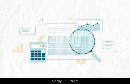 Data analysis with business metrics and performance tracking in digital dashboard. Analyze data tables and charts for business insights, data analysis and growth metrics vector illustration. Stock Vector