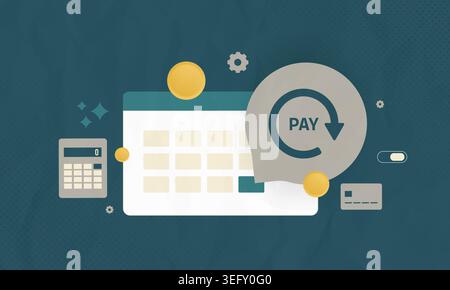 Subscription payment with recurring billing and automated transaction in digital interface. Recurring payment workflow with subscription billing system and payment processing vector illustration. Stock Vector