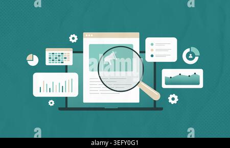 Digital advertising analytics with ad performance tracking and campaign analysis in web interface. Marketing analytics workflow with data analysis, performance monitoring process vector illustration. Stock Vector