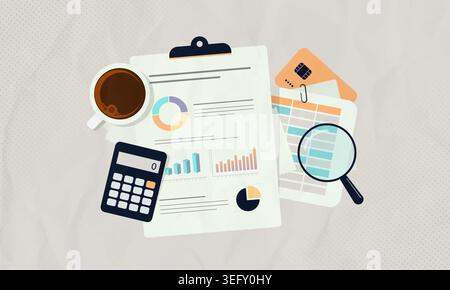 Financial analysis with business report data and accounting metrics in digital workspace. Financial report workflow with data analysis, accounting process for business performance vector illustration. Stock Vector