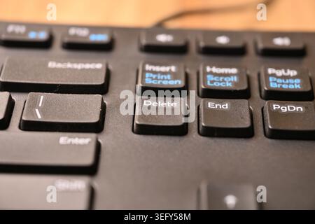 Minimal Black Keyboard Macro Compositions Highlighting Delete Key in Soft Focus Angled Top View Stock Photo