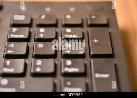 Angled Top View Macro Close-Up Black Computer Keyboard Highlighting Number 6 and Right Arrow Key on Numeric Keypad on Blurred Tech Backgrounds Stock Photo