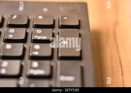 Minimal Black Keyboard Macro Compositions Highlighting 9 and Page Up Keys on Numeric Keypad in Soft Focus Angled Top View Stock Photo