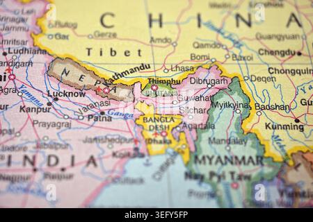 Bhutan Country on Soft Blurred Himalaya World Map Background Stock Photo