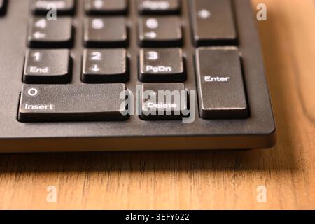 Black Computer Keyboard Macro Shot Highlighting Delete Key on Numeric Keypad Angled Top View with Soft Blurred Backgrounds Stock Photo