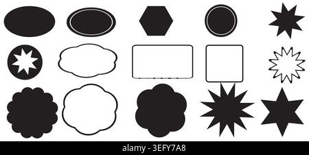 Assorted blank badge labels, seals and starburst shapes in black and white. A versatile vector set of rounded, scalloped, polygon and rectangular Stock Vector