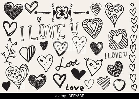 Set of hearts. Happy valentines day. Handmade decorative elements. Doodles. Vector illustration Stock Vector