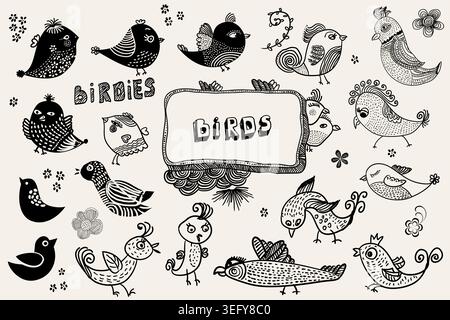 Set of funny birdies. Birds. Doodles. Handmade decorative elements. Vector illustration Stock Vector