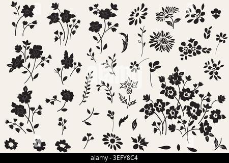 Set of flowers, leaves. Doodles. Handmade decorative elements. Vector illustration Stock Vector