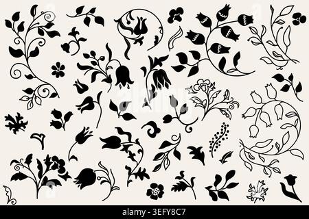 Set of flowers, leaves. Doodles. Handmade decorative elements. Vector illustration Stock Vector