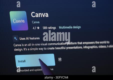 Dhaka, Bangladesh- 19 Sep 2025: A close-up of the Canva app from the Microsoft Store is shown on a laptop screen Stock Photo