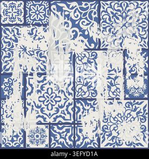 Seamless vintage patchwork with an effect of attrition. Azulejo tile. Vintage grunge fabric decor. Seamless carpet.  Vector illustration Stock Vector