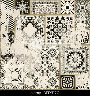 Seamless vintage patchwork with an effect of attrition. Azulejo tile. Vintage grunge fabric decor. Seamless carpet.  Vector illustration Stock Vector