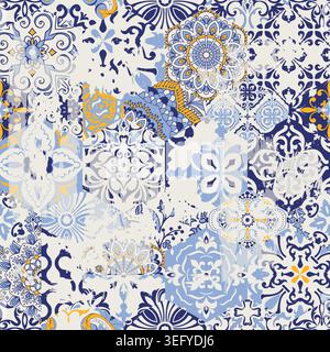 Seamless vintage patchwork with an effect of attrition. Azulejo tile. Vintage grunge fabric decor. Original traditional Portuguese Spain decor. Vector Stock Vector