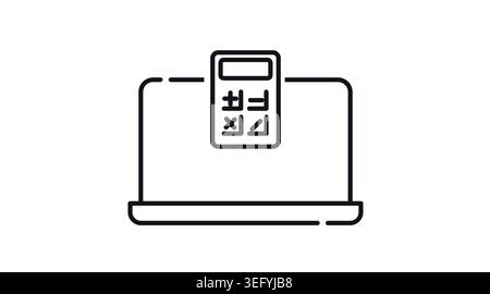 Laptop with calculator icon: portable computer displaying calculation tools, minimalist black line art vector illustration for finance and accounting. Stock Vector