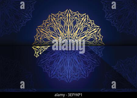 Ornamental blue and gold pattern intricately designed on a dark background, showcasing elegance and sophistication Stock Vector