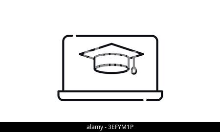 Minimalist black line icon of a laptop computer with a graduation cap on the screen. Vector illustration of online education, digital learning, univer Stock Vector