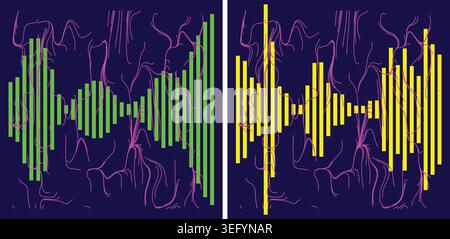 Vibrant sound wave patterns in green and yellow on dark blue background with purple lines Stock Vector