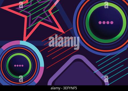 Vibrant abstract design with neon shapes and colorful lines on dark background Stock Vector