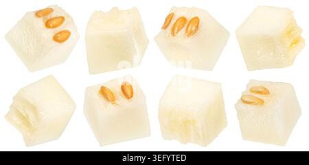 Sweet melon pulp cubes isolated on white background with clipping path Stock Photo