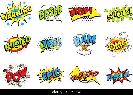 Comic Book Pop Art Word Graphic Set Collection Stock Vector