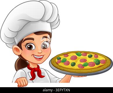 Woman Chef Female Holding Pizza on Tray Stock Vector