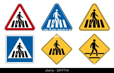 Pedestrian Crossing Road Sign Set with Diverse International Crosswalk Traffic Symbols Stock Vector