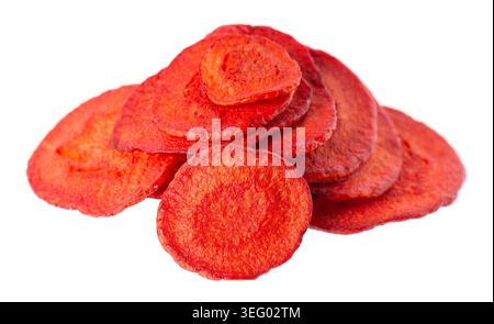 Crispy roasted carrot chips with sea salt, isolated on white background. Healthy and crunchy natural vegetable snack. Clipping path Stock Photo