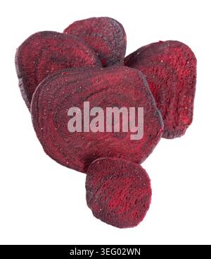 Crispy roasted beetroot chips with sea salt, isolated on white background. Healthy and crunchy natural vegetable snack. Clipping path Stock Photo