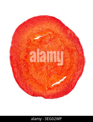 Crispy roasted carrot chips with sea salt, isolated on white background. Healthy and crunchy natural vegetable snack. Clipping path Stock Photo
