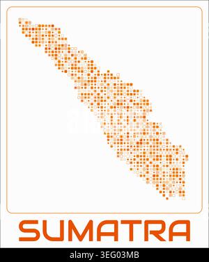Sumatra digital style map. Small rounded square dots on white background. Dotted shape of the island. Sumatra map and title. Stock Vector