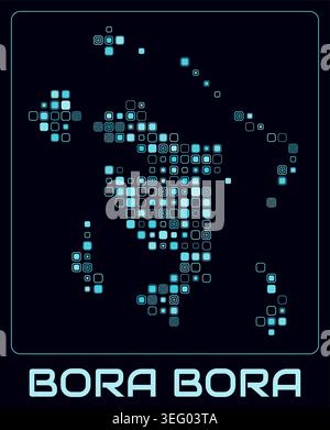 Bora Bora digital style map. Large rounded square dots on dark background. Dotted shape of the island. Vector map and title. Stock Vector