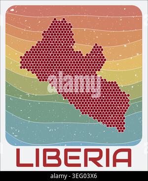 Liberia vintage logo. Hexagon dots shape of the country on retro colored stripe waves background. Liberia map design with grunge scratch texture. Stock Vector