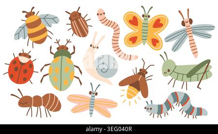 Adorable cartoon insects vector set. Cute caterpillar, butterfly, ladybug, bee, beetle and snail characters. Funny nursery graphics for kids design Stock Vector