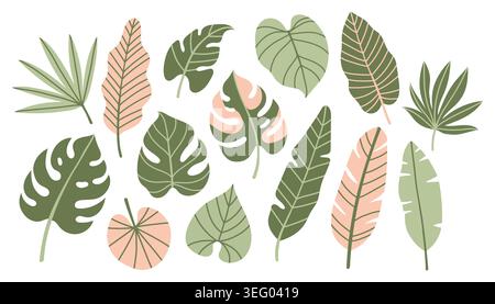 Cute tropical leaves vector collection. Minimalist monstera and palm foliage in pastel pink and green shades. Simple nature design on white backdrop Stock Vector