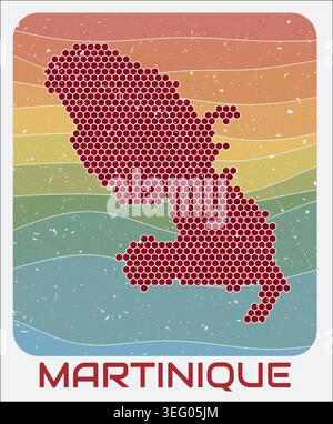 Martinique vintage logo. Hexagon dots shape of the country on retro colored stripe waves background. Stock Vector
