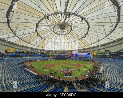 The interior of Tropicana Field shows the distinctive domed roof and blue seating as the Tampa Bay Rays take batting practice in St. Petersburg, Florida on April 6, 2026. The team returned to their home stadium for their first game back against the Chicago Cubs following repairs to the facility. (Photo by Chris Urso/Tampa Bay Times/TNS/Sipa USA) Stock Photo