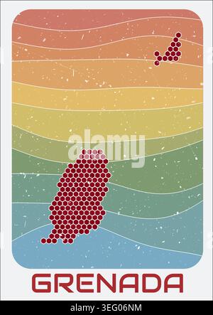 Grenada vintage logo. Hexagon dots shape of the country on retro colored stripe waves background. Grenada map design with grunge scratch texture. Stock Vector