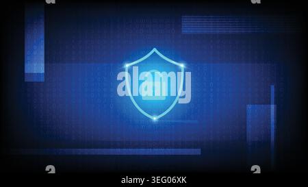 Digital security concept featuring a glowing shield and padlock over a matrix of binary code data Stock Vector